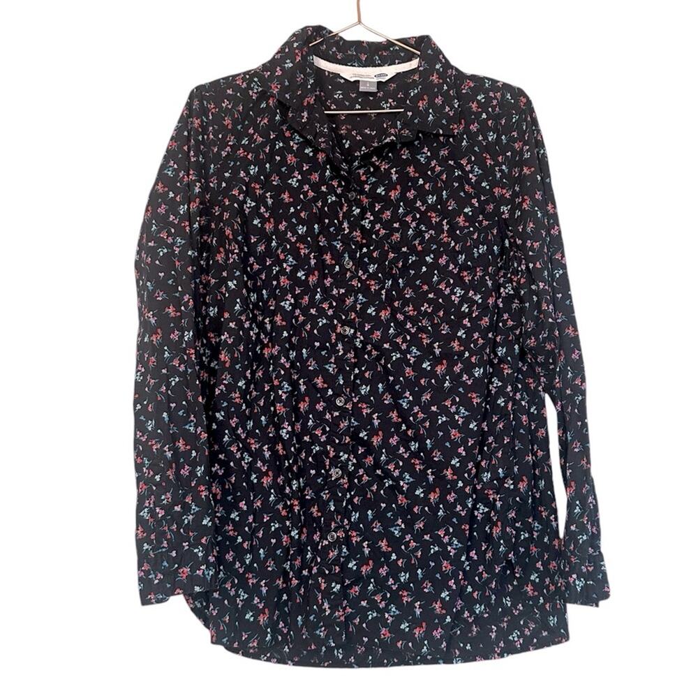 Old Navy Top Women large blue Floral Print Button Front Long Sleeve classic